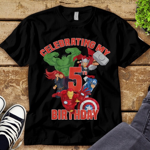Marvel Avengers Celebrating My 5th Birthday T-Shirt Unisex Tee Adult T-shirt - Picture 1 of 2